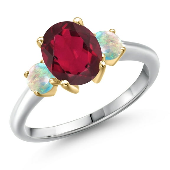 Gem Stone King 10K Two Tone Gold Ruby Red Mystic Quartz and Simulated White Opal Engagement Ring for Women | 2.30 Cttw | Oval 9X7MM | Gemstone Birthstone | Size 7