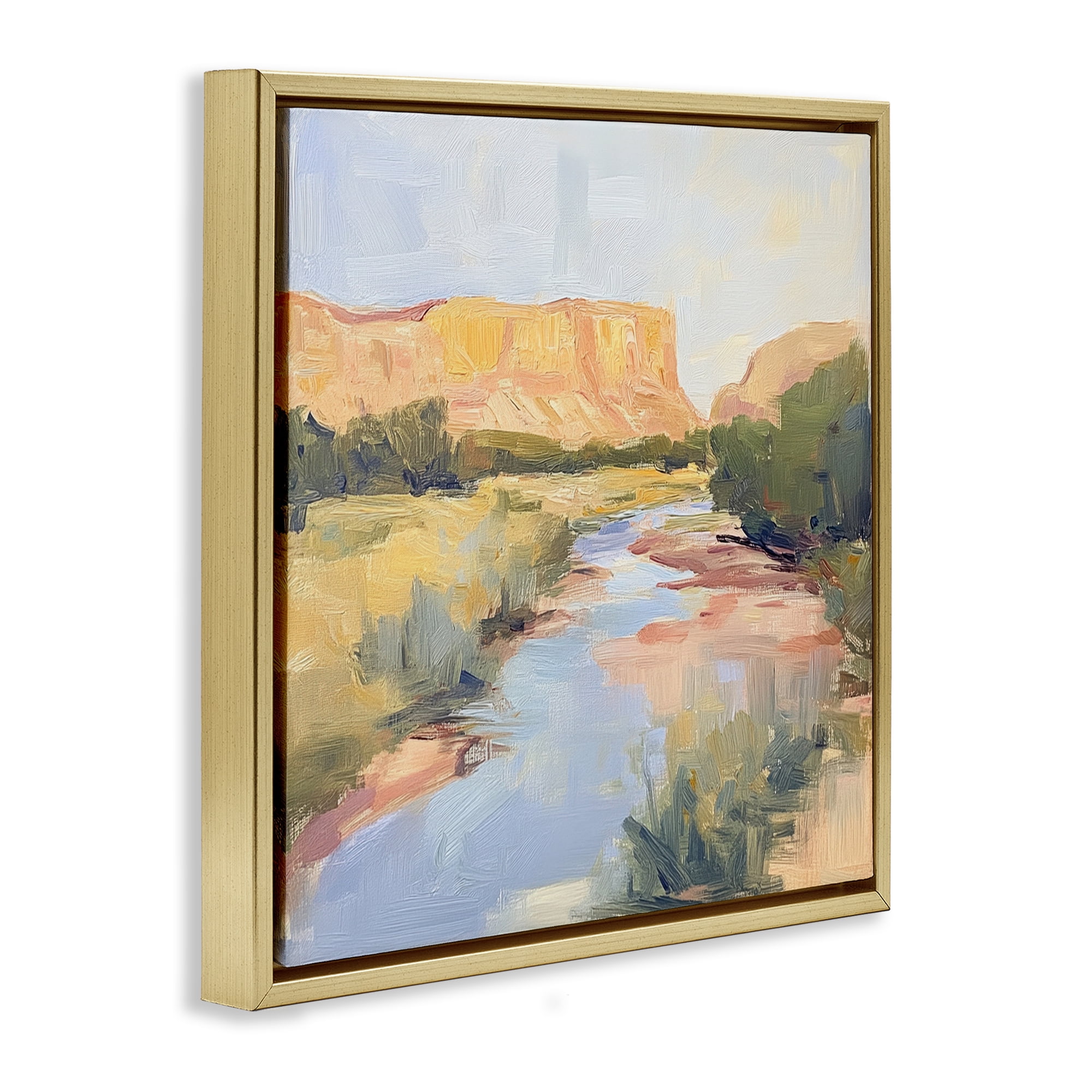 Stupell Industries Painted Plateau River Reflection Gold Framed Floater Canvas Wall Art, design by Petal Prints Design
