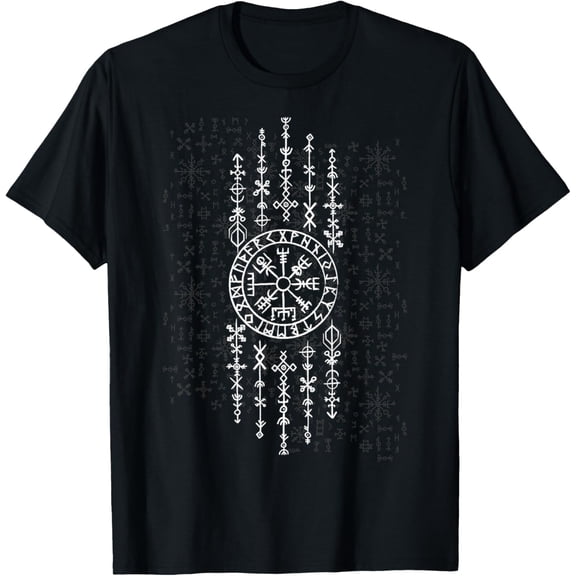 Classic Norse Runes Symbols - Celtic Viking Compass Vegvisir T-ShirtMen and women can wear, black T-shirts, gifts. Age: M,L，XL 2XL, 3XL, 296XL