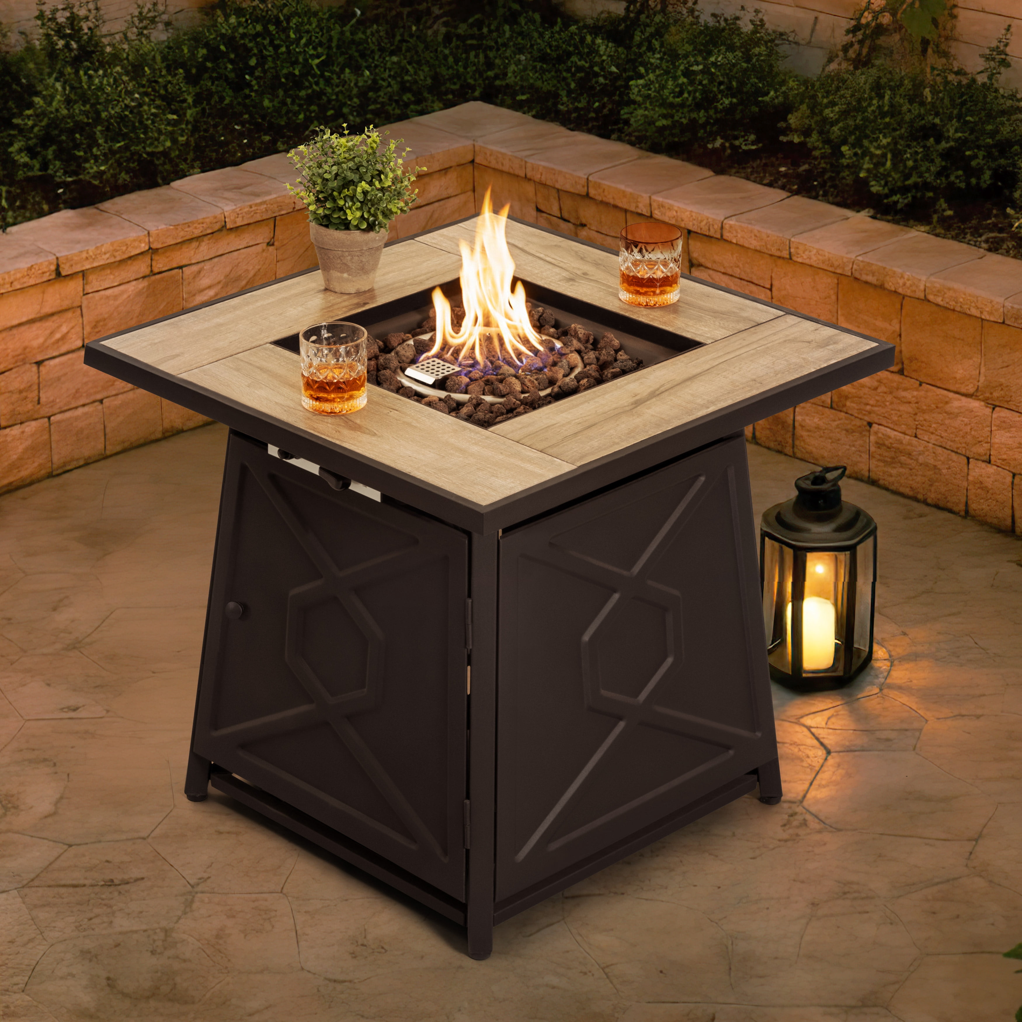 Nuu Garden Outdoor 28" Square 50000 BTU Propane Gas Fire Pit Table with Lid and Lava Rocks, Cover, MGO Tabletop Fire Pit Table, Black