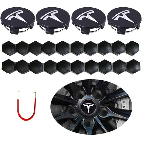 GHSDFBB Black & Silver Car Wheel Center Cap Kit Compatible for Tesla 3, S &x\u2013 4 Hub Center Caps + 20 Lug Nut Covers