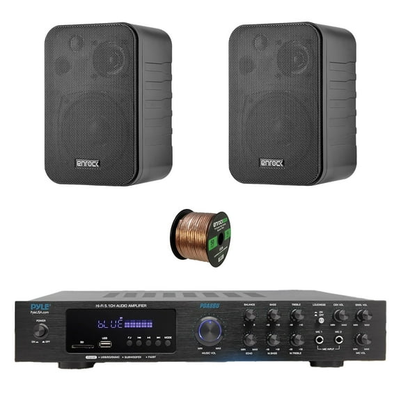 Pyle PDA8BU 5.1 Channel Home Audio Theater Bluetooth MP3/USB/SD/AUX/FM Radio Receiver, 2x 4" 30 Watt Peak 3-Way Water-Resistant Indoor/Outdoor Audio Speakers (Black), 50 ft 16 Gauge Speaker Wire