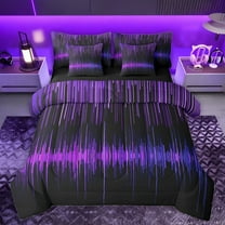 Homewish Geometric Lines Print 7 Pieces Bedding Comforter Set,Stripes Pattern Full Bedding Set,Purple Black Fitted Sheet Flat Sheet For Teens,Luxury Bedroom Decor Reversible