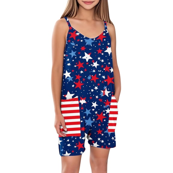 ZACPNCV Independence Day Clothes Girls Sleeveless Jumpsuits Spaghetti Strap Romper Shorts with Pockets Casual Stretchy Short Overalls for Kids Multicolor 7-8 Years