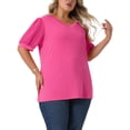 thumbnail image 4 of Blusas casuales de manga abullonada de puntos suizos para mujer de tallas grandes Agnes Orinda, escote en V, 1X, rosa intenso, 4 of 6