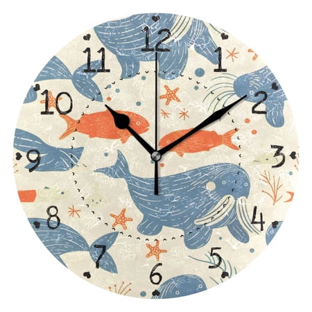Walrus Fishes and Sea Stars Round Wall Clock Silent Analog Battery Operated Black Pointer Home Decor 9.84 Diameter