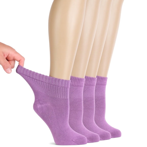 HUGH UGOLI Women Diabetic Ankle Socks, Super Soft & Thin Bamboo Socks, Wide & Loose, Non-Binding Top & Seamless Toe, 4 Pairs, Lilac, Shoe Size: 6-9