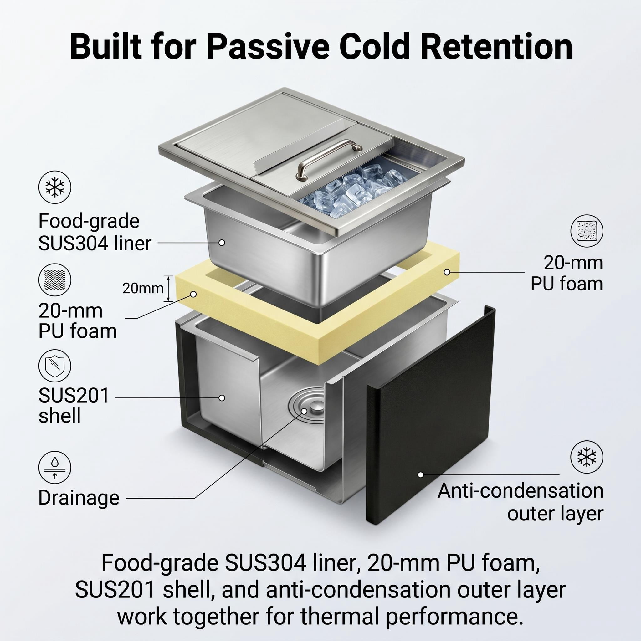 Undercounter Drop In Ice Chest,Stainless Steel Ice Cooler With 201 Grade Metal,Sliding Cover Prevents Debris Contamination,Commercial Ice Bin For Home Bar Or Cafe,52 L