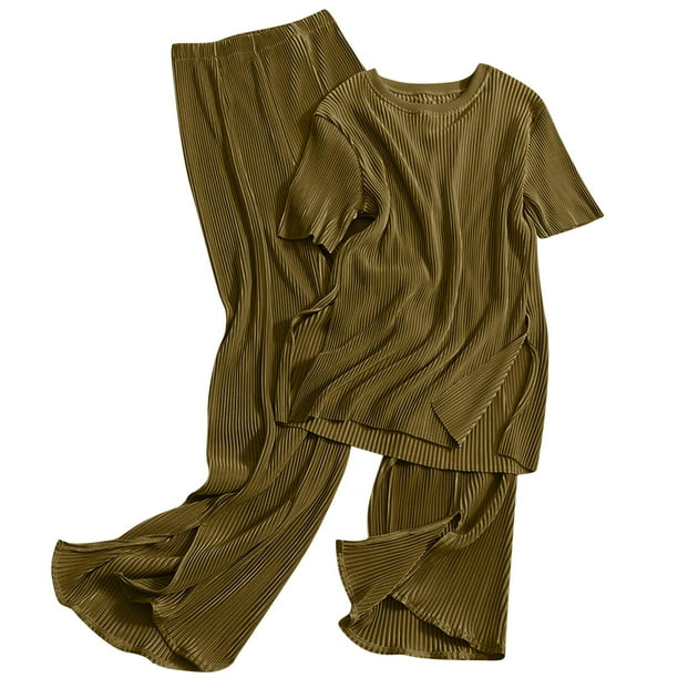 Conjunto de dos piezas de verano para mujer: top con cuello redondo + pantalones de cintura alta con abertura, tejido de punto, estilo informal/relajado, talla única