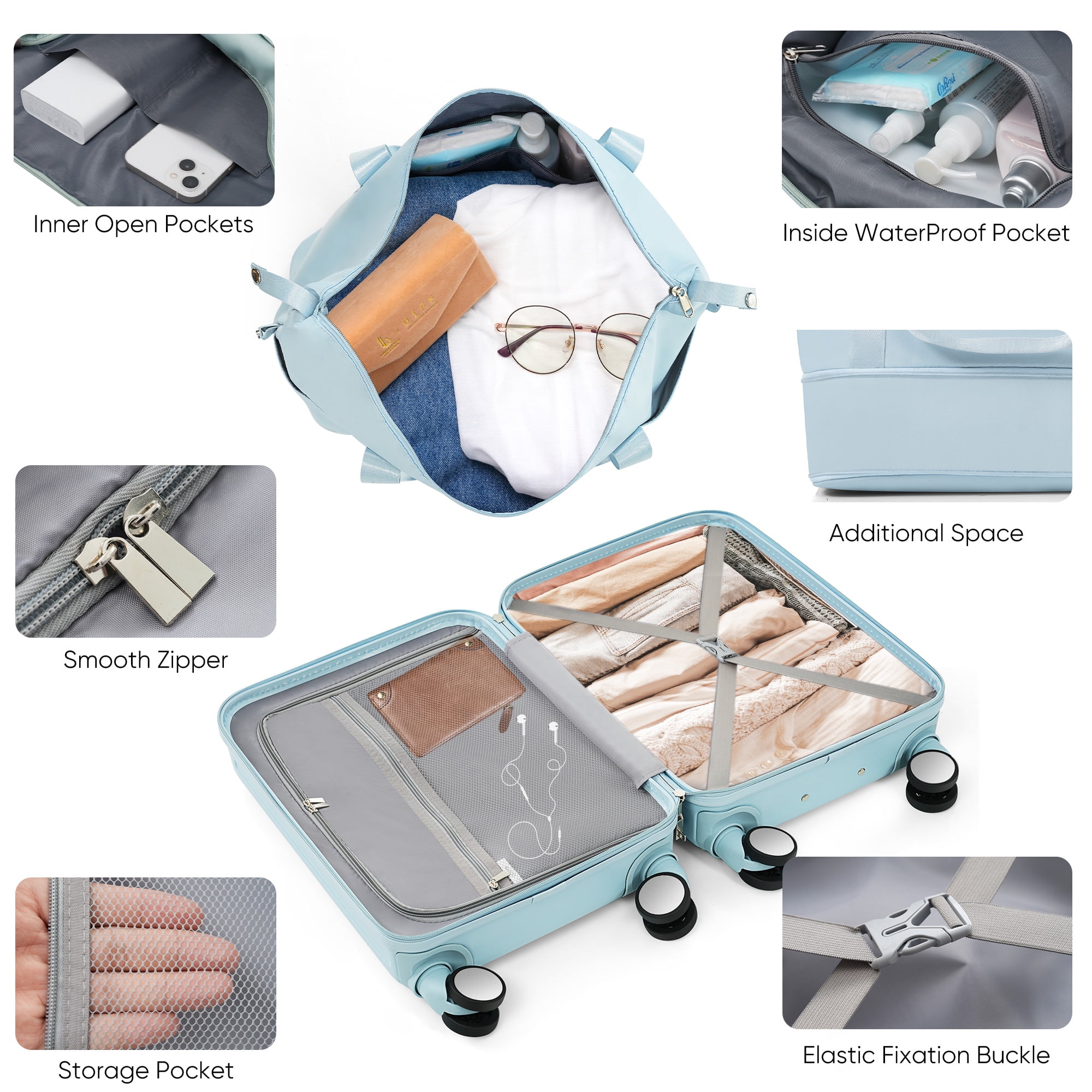 LoLado Front Opening 20in Carry-on Luggage with Expandable Travel Bag Set, ABS Hard Shell Two-piece Travel Suitcase Set with USB Port, Cup Holder, Light Blue