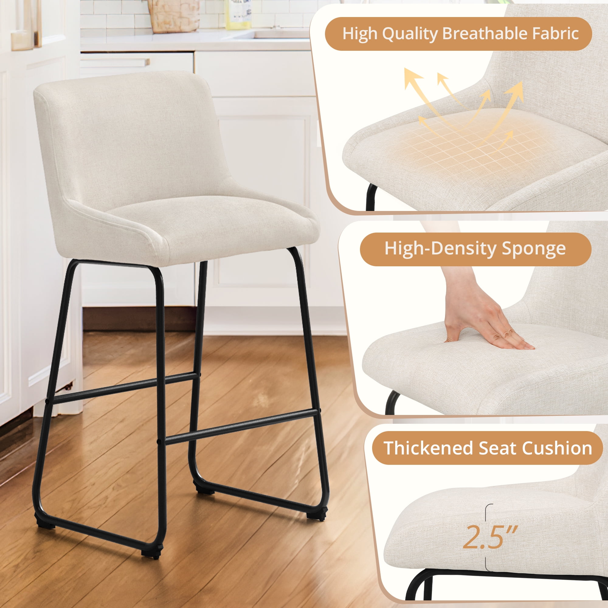 Dycanpo 26" Counter Height Bar Stools Set 3, Linen Fabric 2.5" Cushion, Linen Color