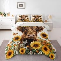 Manfei Highland Cow 2pcs Bedding Comforter Set,Floral Sunflower Twin Comforter Sets,Flying Butterfly Breathable Bedding Set,Microfiber Teenager Bedroom Decor,Reversible