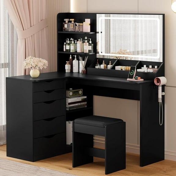 Vanity Desk with Lights and Mirror, L Shaped Makeup Table, Dresser with Hairdryer Holder and Power Outlet, Adjustable 3 Lighting Modes, 5 Drawers and Adjustabled Open Storage Shelves