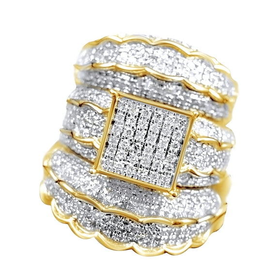 AFFY White Natural Diamond Engagement & Wedding Trio Bridal Ring Set In 10k Yellow Gold (1.47 Cttw)