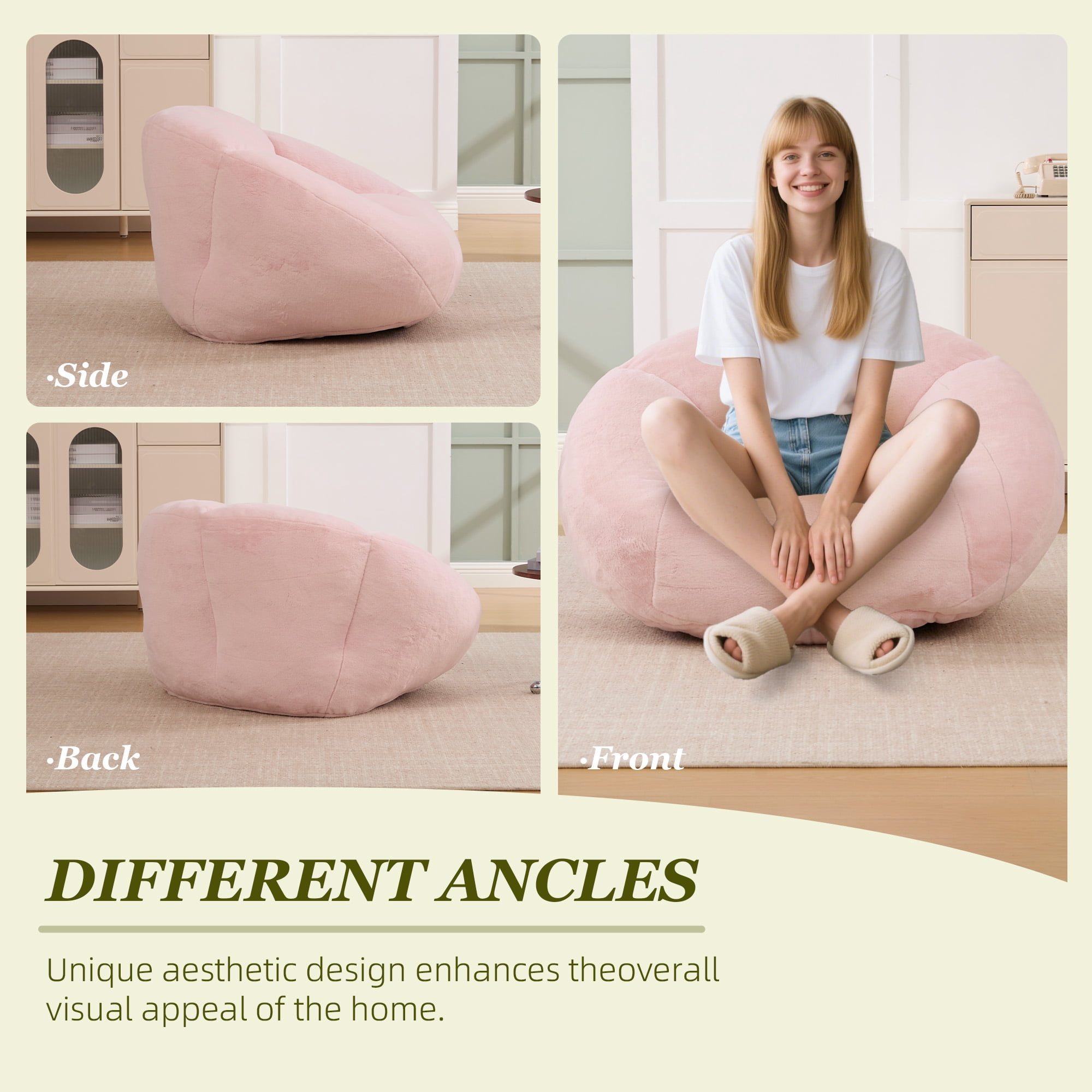 MOONMISS Bean Bag Chair for Adults & Teen,Floral Shaped Memory Foam Deep Sink-in Breathable Faux Fur Bean Bag Sofa,Easy to Clean for Living Room & Dorm,Pink