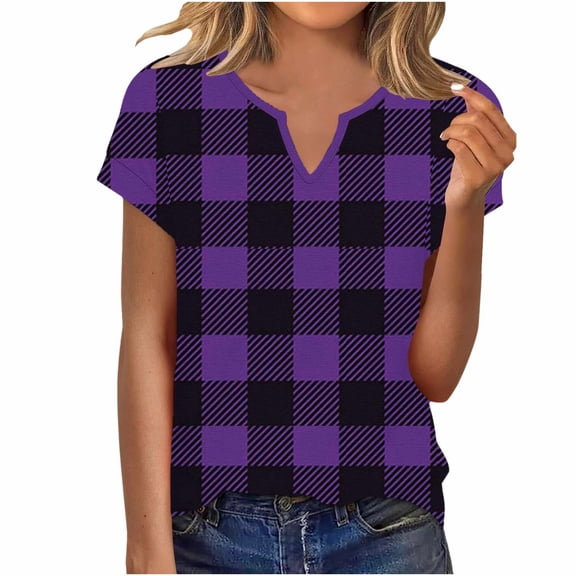 Cilsoka Women's V Neck T Shirts Short Sleeve Plaid Basic Tees Trendy Summer Going Out Tops Comfy Casual Fashion Clothes
