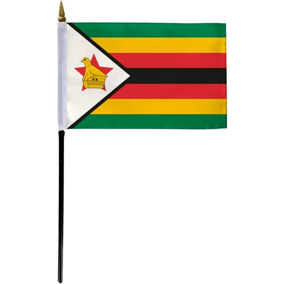 AGAS Zimbabwe Flag 4x6 inch - 11" Plastic Pole 100% Polyester Stitched Edges Zimbabwean Mini Flag on a Stick