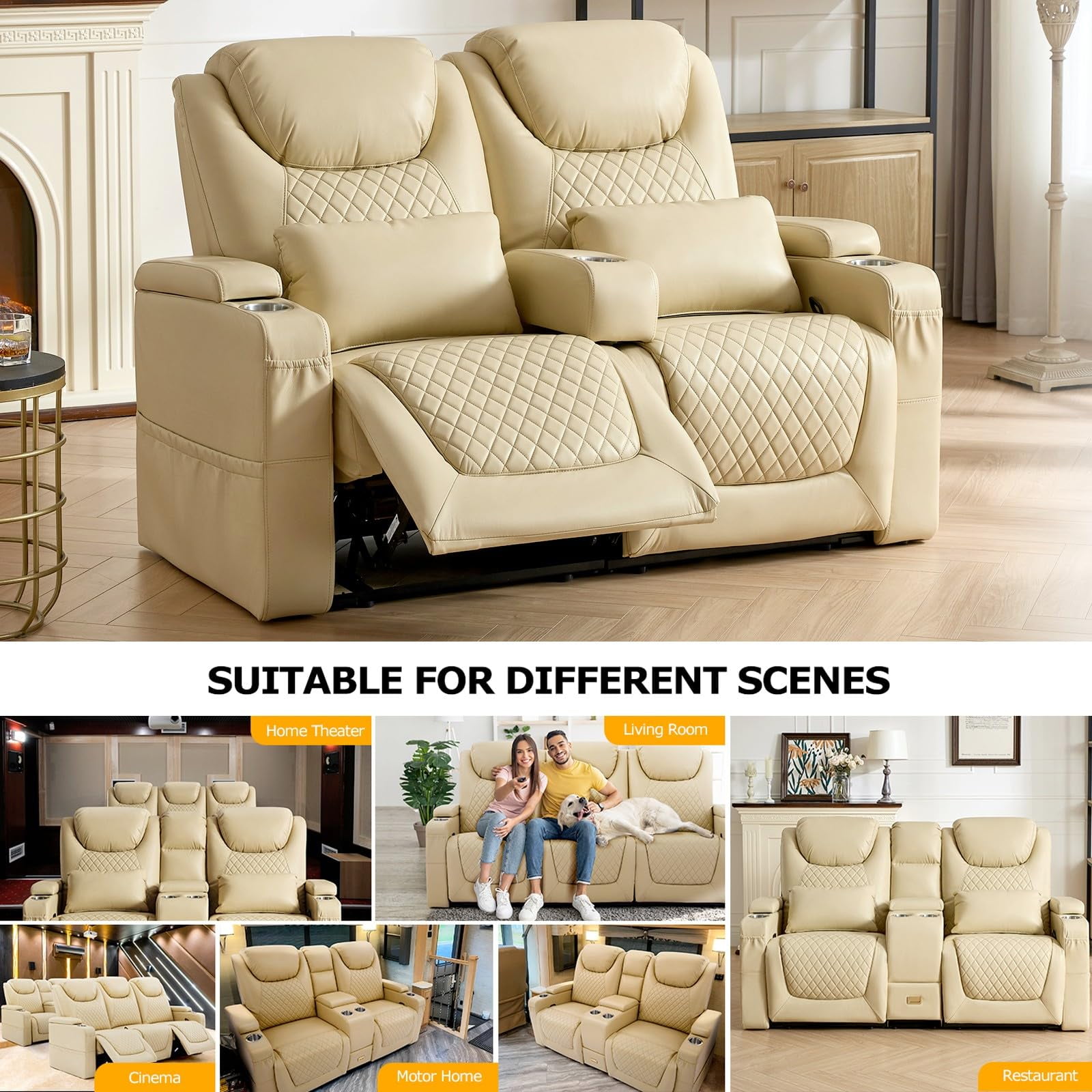 61" RV Loveseat Recliner, Double Recliner Furniture with 3 Arms and 2 Pillows, Wall Hugger Recliners & 135° Reclining Theater Seating (Beige PU Leather RV Couch)