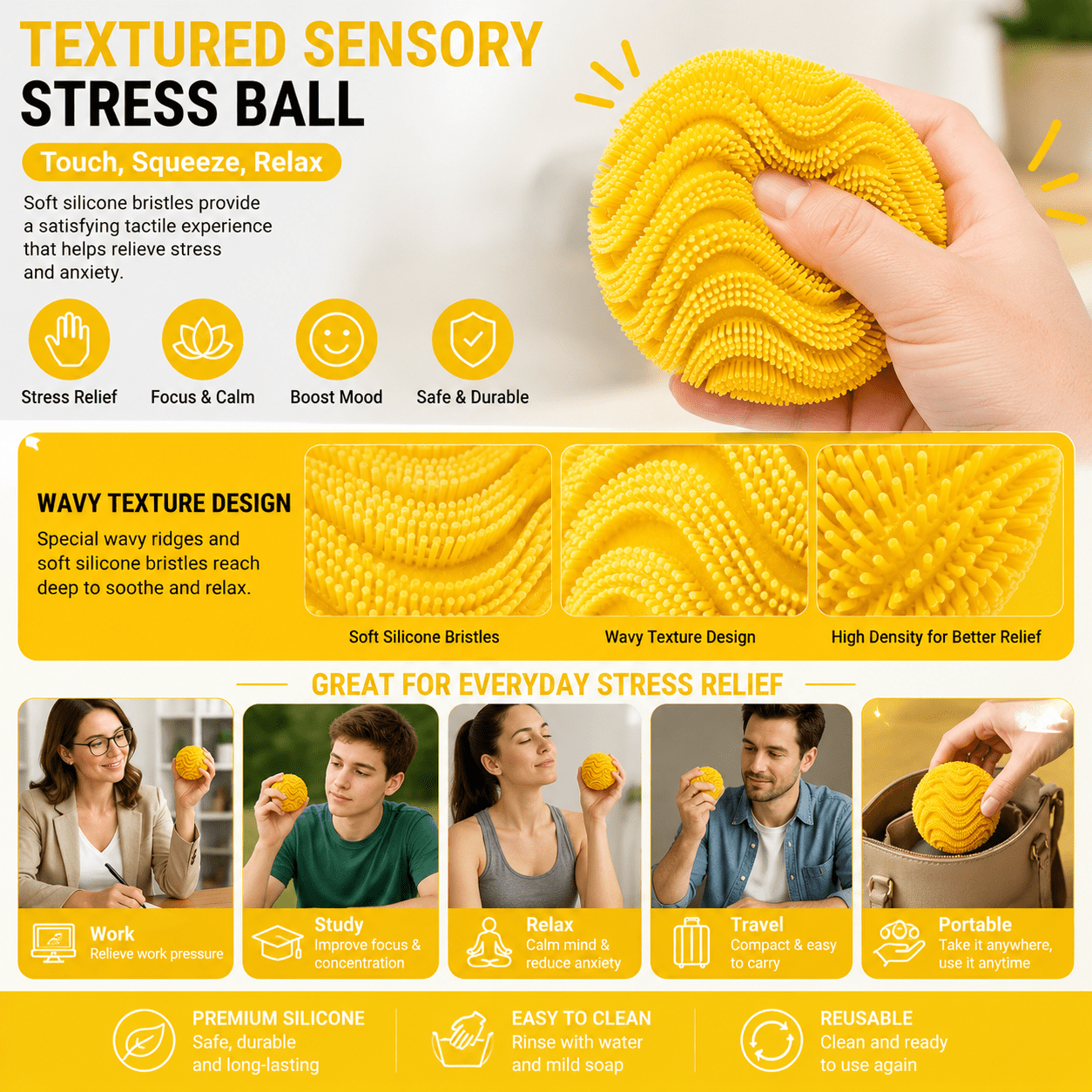 Silicone Stress Ball, Textured Squeeze Ball, Soft Elastic Hand Grip Ball for Desk, Office, Home, Travel and Everyday Focus
