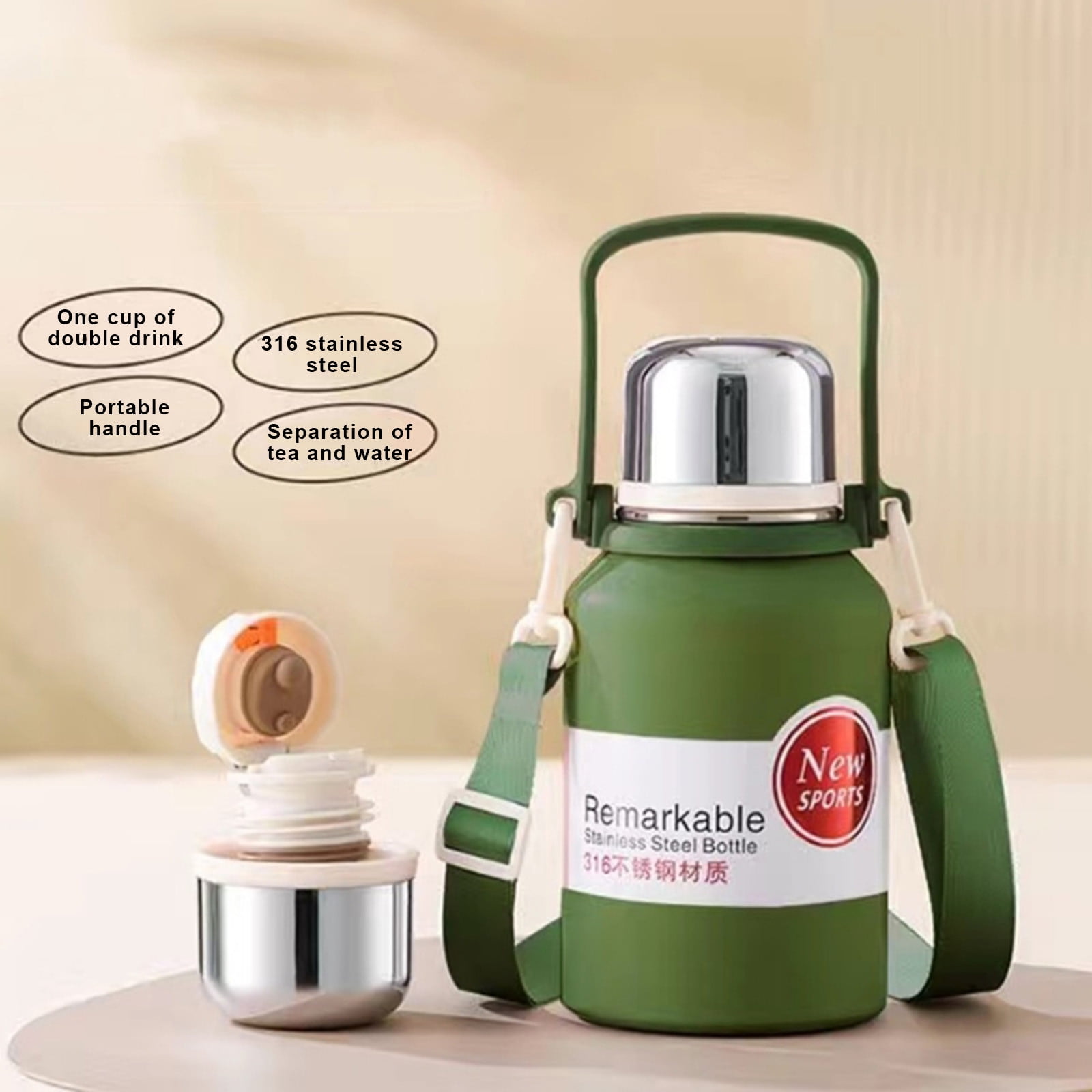 Insulated Gallon Jug with Handle Camping Water Jug, 316 Stainless Steel, Large Double Vacuum Water Bottle for Hot & Cold Drinks, Wide Mouth, Sweat Proof, Great for Travel, Camping 600ml