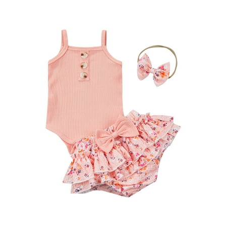 

Baby Girl Romper Outfits Solid Color Romper And Elastic Waist Skirt Style Shorts And Headband