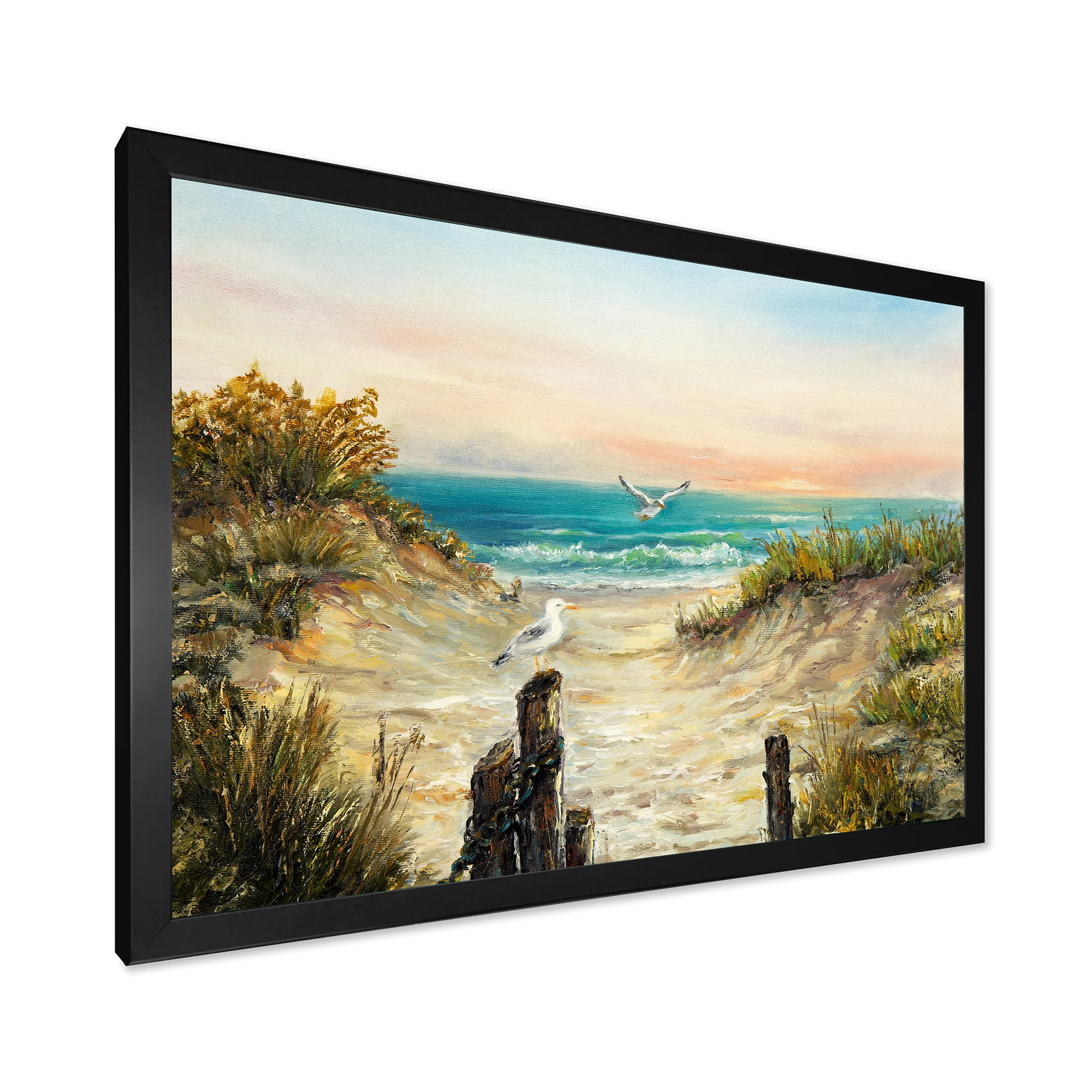 Ocean Dunes During Pink Sunset on Beach 40 in x 30 in Framed Painting Canvas Art Print, by Designart