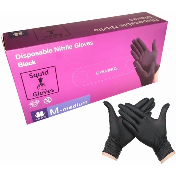 Black Nitrile Gloves - (LARGE), by SQUID GLOVES - Disposable. Premium Durability - 100pc/box. Good For Mechanics, Latex Free, Powder Free, Chemical Resistance.