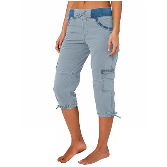 Flmaly vacation outfits for women High Waistband Summer Women Multi Pocket Trousers Outdoor Casual Sports Cropped Pants Overalls Thin Loose Cargo Shorts Vacation Outfits