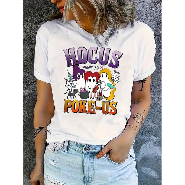 Camiseta De Mujer Camiseta De Verano Para Mujer Para Viajes En La Calle TrabajoWomen's Halloween Graphic T-Shirt - "HOocus Poke-us" Fun Print, Casual Round Neck Short Sleeve, Comfortable Polyester B
