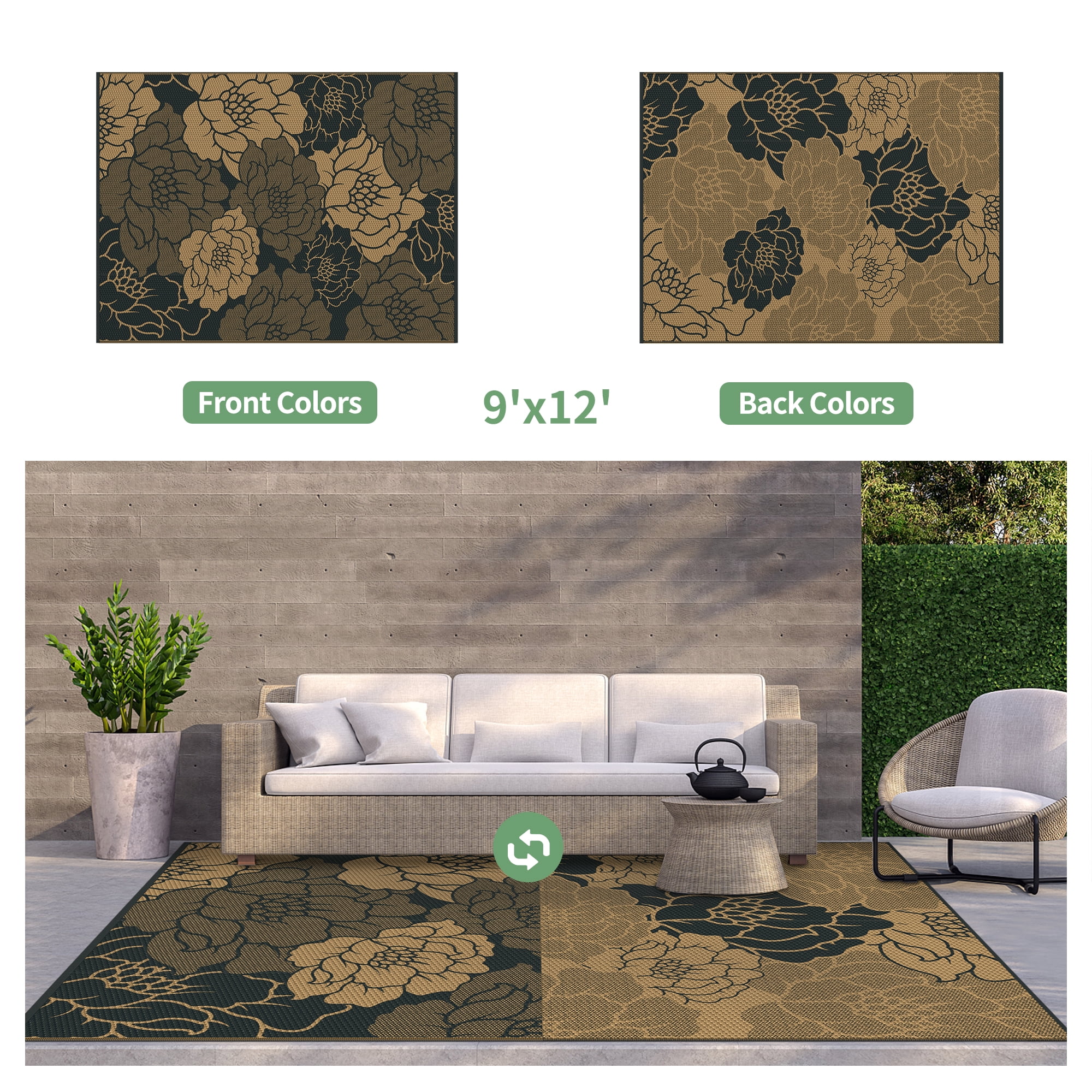 KUETH 9'x 12' Outdoor Rug Plastic Waterproof Outside Foldable Flower Mat UV Resistant Patio RV Deck Carpet,Black Brown