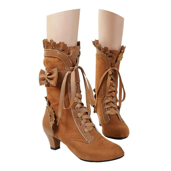 Vintage Lace Mid Calf Combat Boots for Women Cocktail Party Bow Leather Suede Kitten Heels Dress Boots