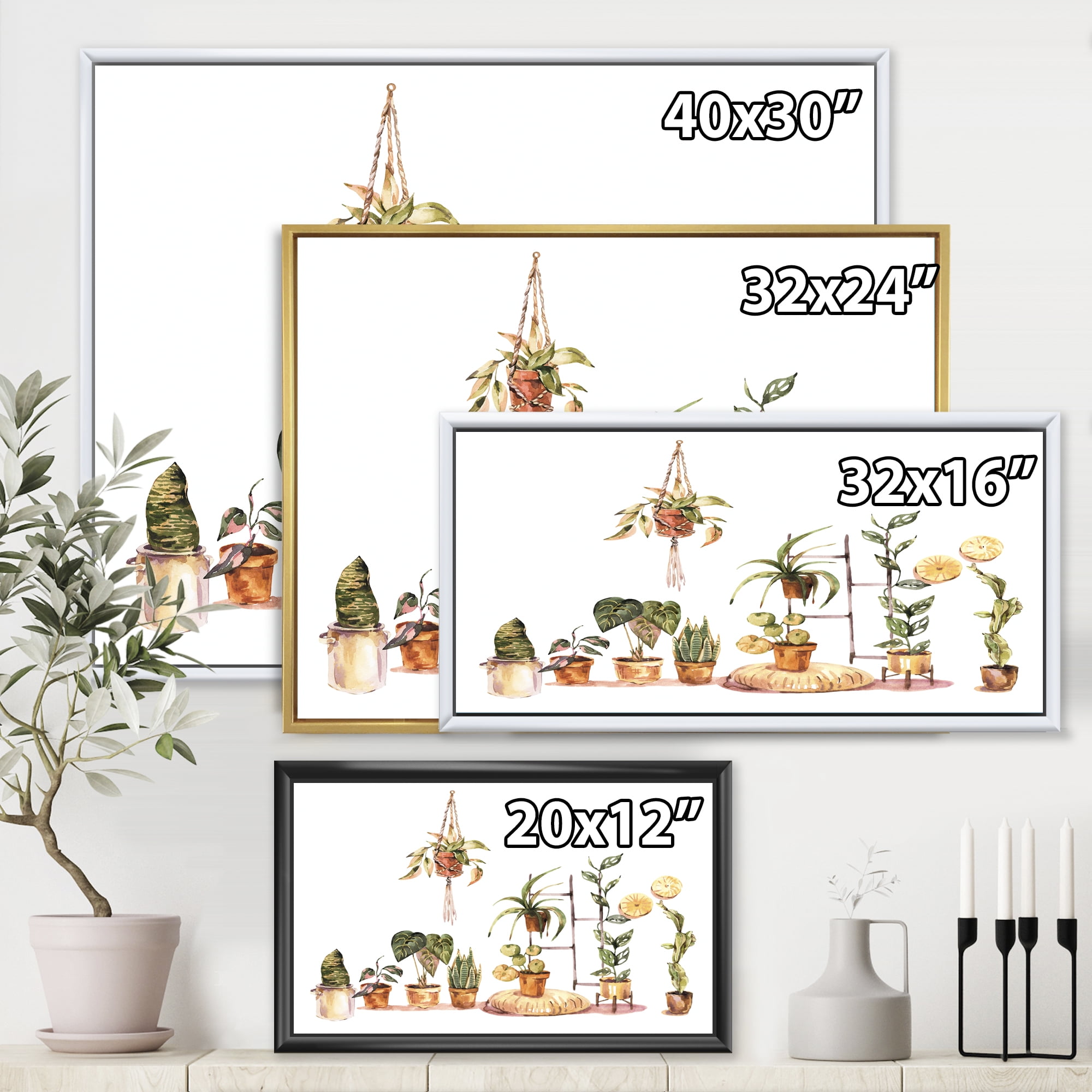 Designart 'Indoor House Plants Urban Jungle in Flowerpots II' Traditional Framed Canvas Wall Art Print