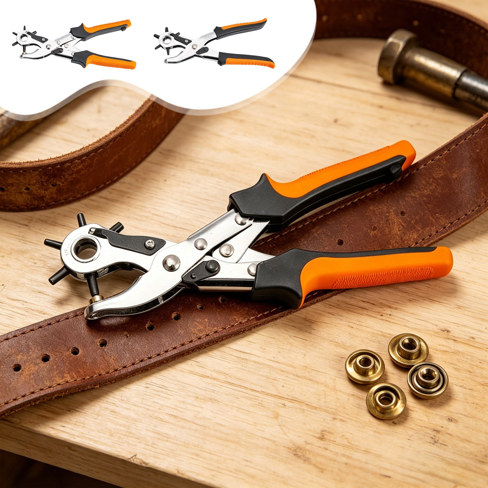 COM1950s Leather Hole Punch Tool, Revolving Belt Hole Puncher Plier with 6 Adjustable Sizes, Heavy Duty Hand Tool for Belts, Watch Bands, Leather Crafts, and Home Repair