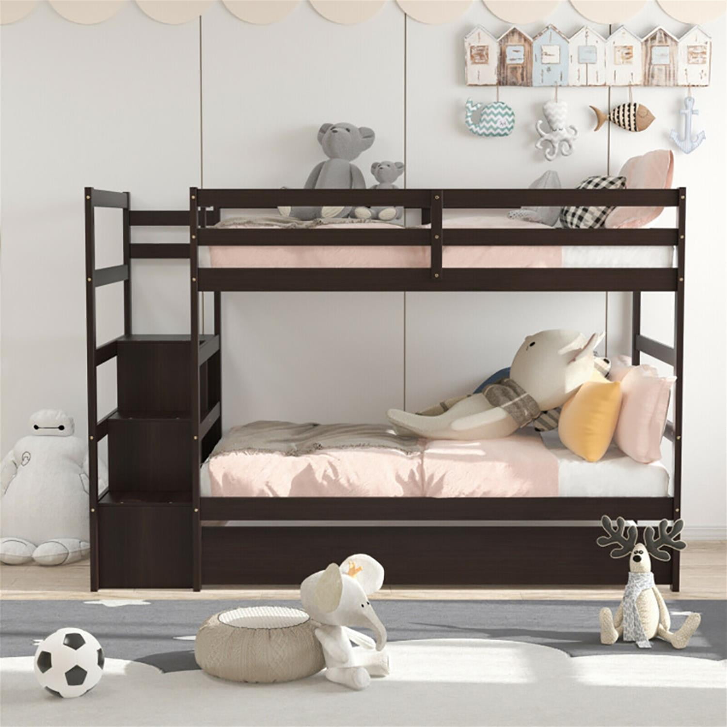 Demi Bonn Twin Pull-Out Bunk Beds with Ladder in the Steps and a Trundle, Bunk Bed Platform with Storage Shelf and Drawer, Brown