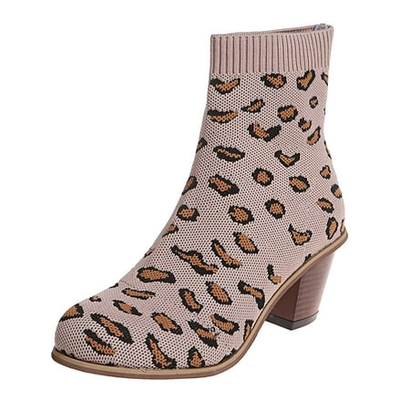 

WANYNG Ladies Fashion Leopard Print Breathable Knitted Elastic Boots High Heel Booties Womens Booties And Boots Fringe Women Boots 7