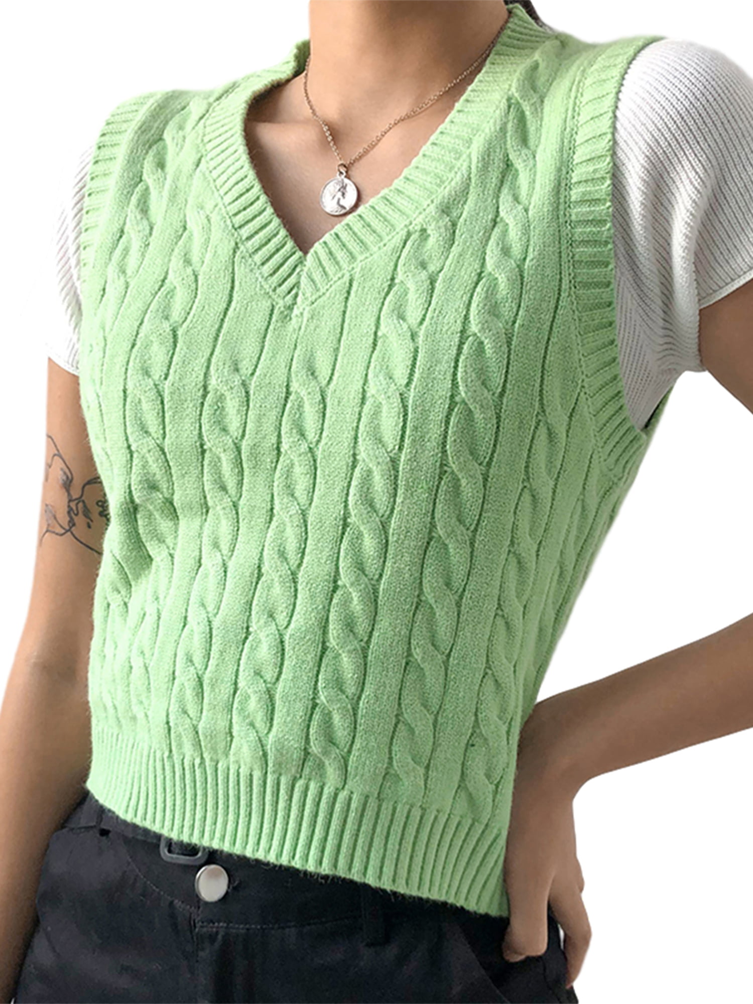 Women Sweater Vest Crop Top V Neck Sleeveless Plaid Knitted Sweaters Casual Patchwork  Vintage Tank - Walmart.com