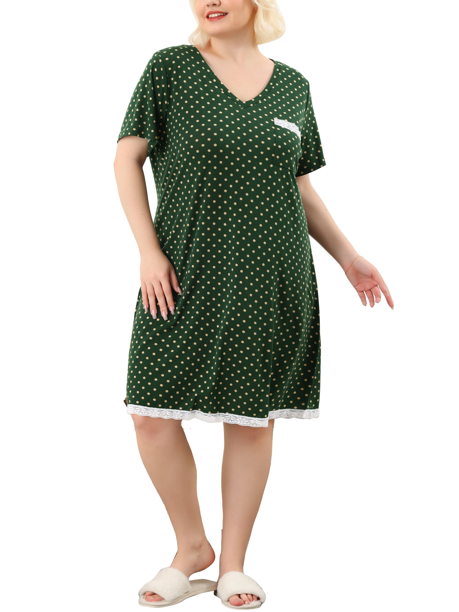 DARING DIVA Women's Plus Size Soft Short Sleeve Lace Trim Pajama Dress 1X Dark Green