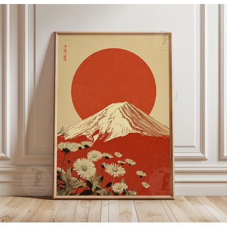 Mount Fuji Japanese Mountain And Red Sun Illustration Poster Creative Travel Inspired Theme For Living Room And Gallery Wall Decor