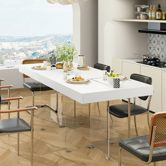 KULAGAGA 78.7" L Dining Table for 6-8 People, Modern Wood Rectangular Kitchen Dinner Table with Glass Legs for Dining Room, White