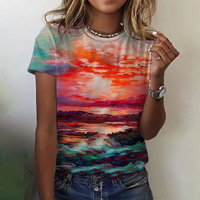 ICHUANYI Clearance Women's Fashion Casual Loose Blouse Printing Round Neck T-Shirt Shirts Blouse Print Tee(Red, S) ICHUANYI WER2023081502094