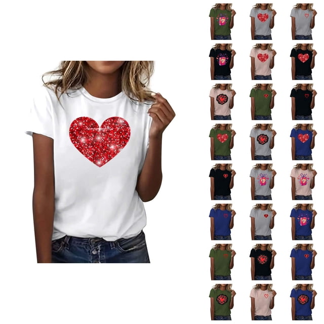 T-shirts de la Saint-Valentin pour Femmes 2026 à Manches Courtes Col Rond avec Cœur Graphique