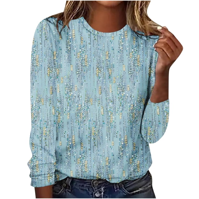 Staron T-Shirts à Manches Longues pour Femmes à Imprimé Floral Col Ras du Cou T-Shirts Tendance d'Automne Mode Chic Décontracté Tee Hauts Blouse Légère de Printemps Cadeaux pour Femmes Unique