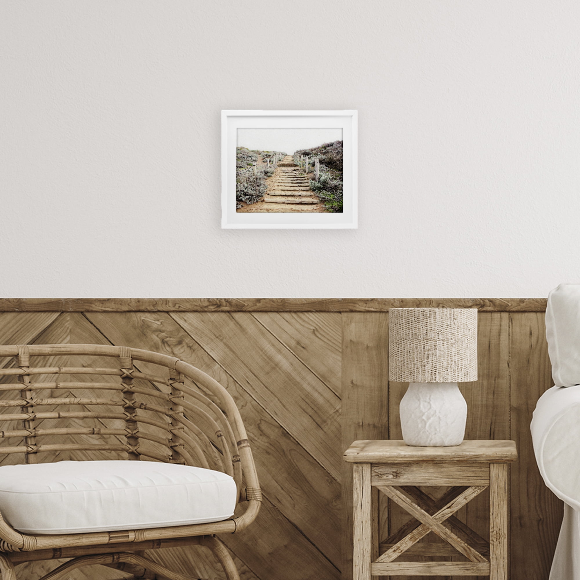 Wooden Stairway to Heaven White Framed Print Under Glass, design by Leah Noel Art