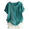 thumbnail image 1 of T-Shirt Rétro et en Lin pour Femmes, Compression, Broderie, Manches Courtes, Ample, Extra Grand, Décontracté, 1 of 3