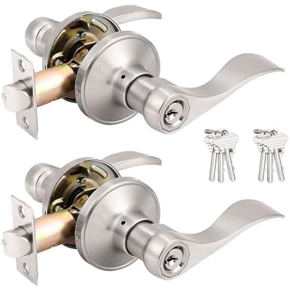 (2 Pack Wave Style Keyed Alike Entry Levers, Exterior Interior Satin Nickel Keyed Door Handles with Lock and Same Keys, Reversible for Right Left Handed Doors