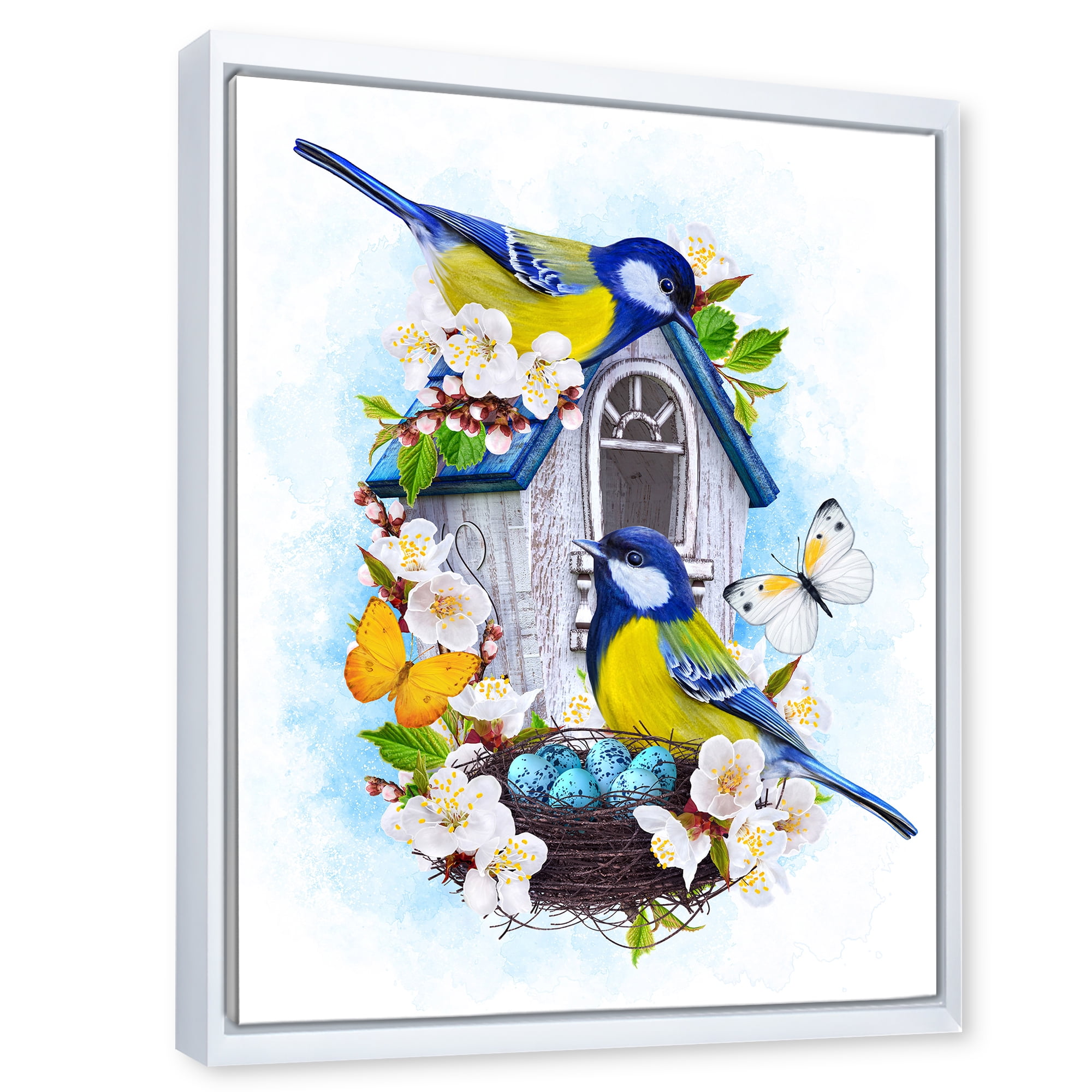 Designart 'Two Tit Birds Sitting Near The Nest With Eggs and White Flowers I' Traditional Framed Canvas Wall Art Print