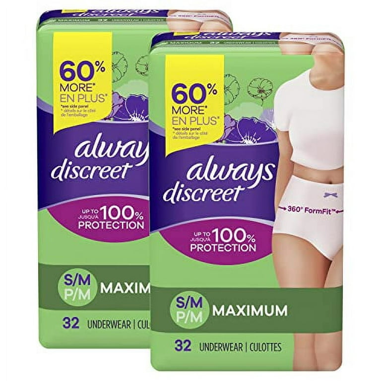 Always Discreet Incontinence & Postpartum Incontinence Underwear for Women,  Small/Medium, Maximum Protection, Disposable, 32 count (Pack of 2)  (Packaging may vary) 