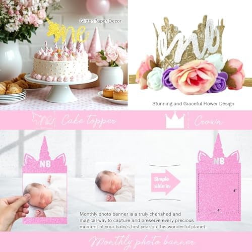 Unicorn 1st Birthday Decorations for Girls, 1st Birthday Decorations Girl, Unicorn One in a Million Backdrop Balloon Banner Box Crown Poster for Pastel One Year Old Party Supplies