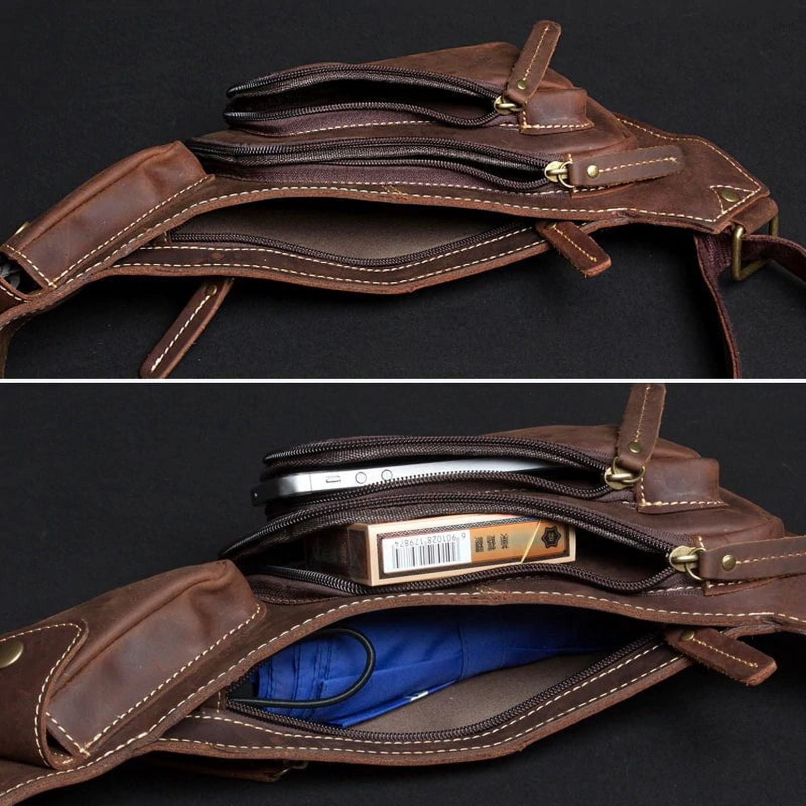 Men's Leather Sling Bag - Genuine Natural Leather Chest Pack with Multiple Pockets, Adjustable Strap - Stylish and Lightweight Crossbody for Phone, Wallet, and Essentials - 6.3"x11.8"x2.4"