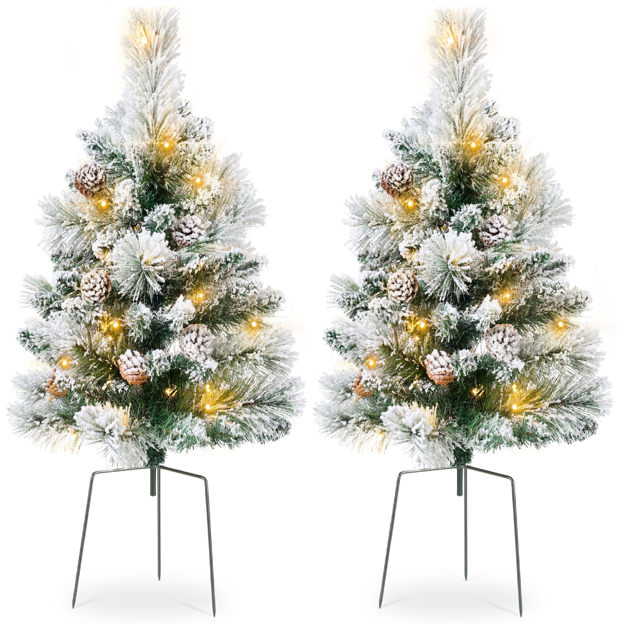 Best Choice Products Set of 2 24.5in Outdoor Flocked Scotch Pine Pathway Christmas Trees Decor w/ LED Lights, Pine Cones